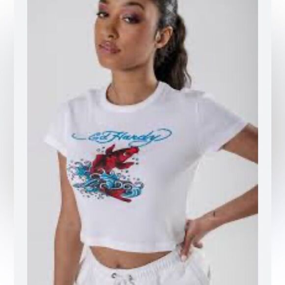 Ed Hardy White Red koi fish Graphic Crop size Tee large - Picture 1 of 6
